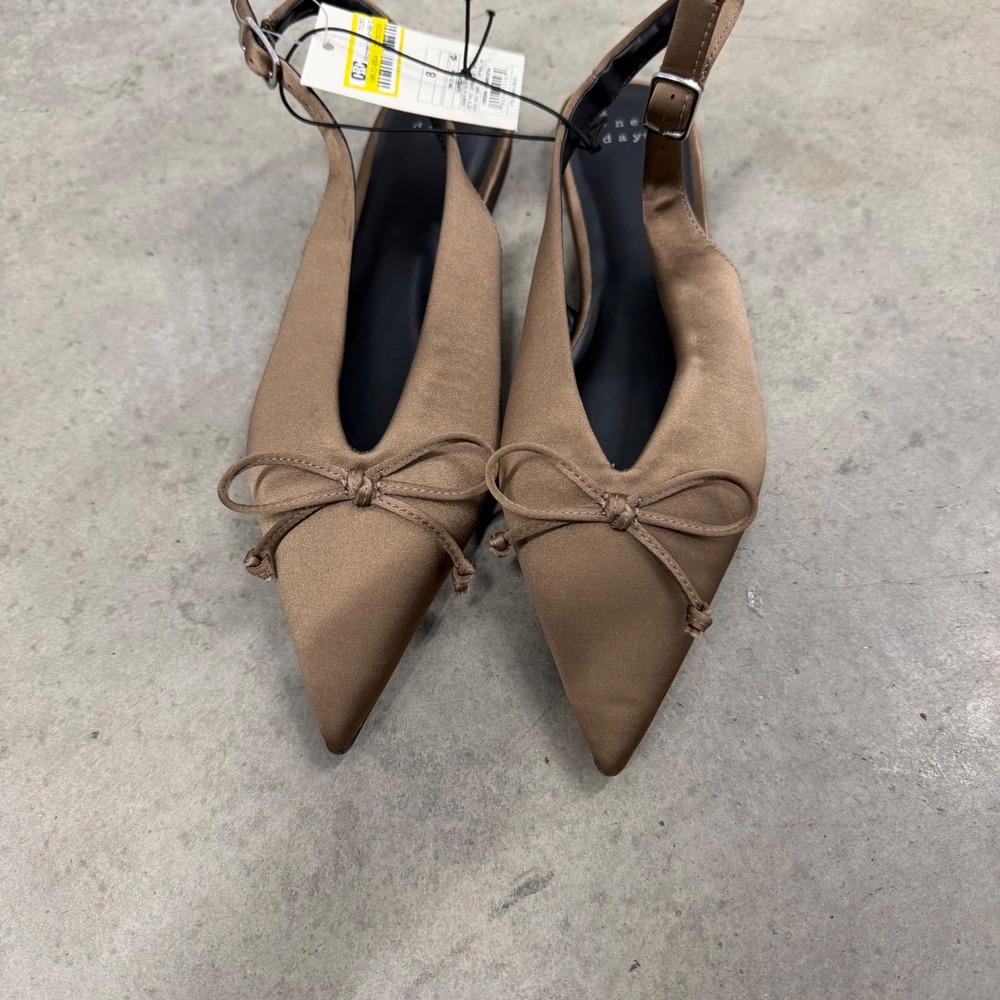 A New Day Camille Taupe Satin Pointed Toe Slingback Bow Flats Shoes Womens 8